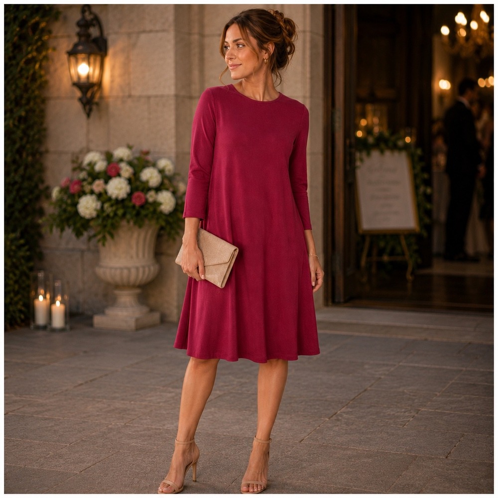 J.Jill‎ Wearever Collection Petite Long Sleeve Crew Neck A-Line Dress Berry